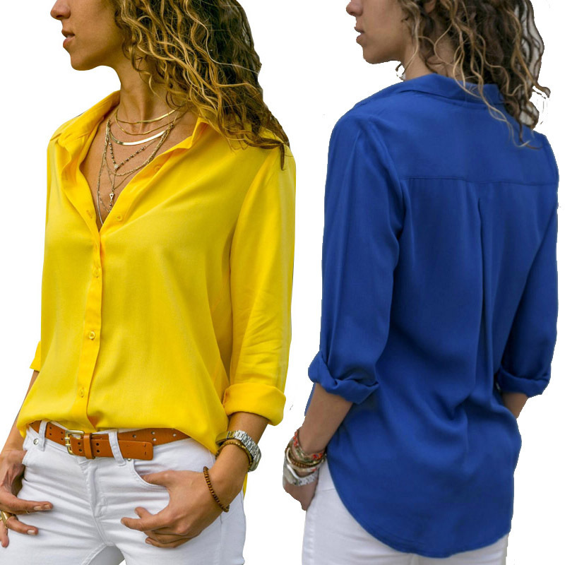 2025 Cross-Border Spring and Summer New Aliexpress New Women's Pure Color Deep V Button Women's Long-Sleeved Shirt Now