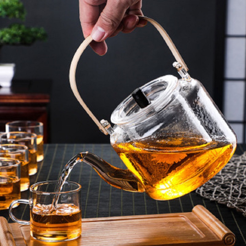 Estufa eléctrica de cerámica cocina de doble propósito tetera de bambú mango olla de haz hogar olla de vidrio de borosilicato patrón de martillo olla juego de cocina de té