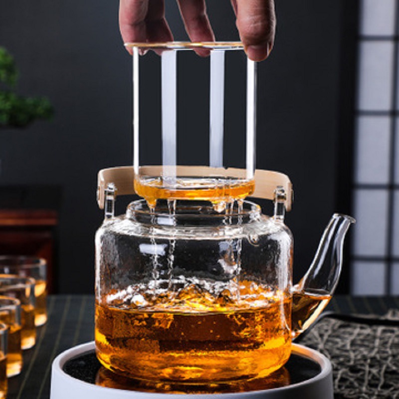 Estufa eléctrica de cerámica cocina de doble propósito tetera de bambú mango olla de haz hogar olla de vidrio de borosilicato patrón de martillo olla juego de cocina de té