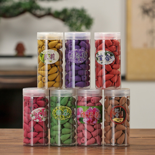 Factory-direct backflow incense sticks—new design, large plastic container, 80-count flow-scented sandalwood fragrance, perfect for indoor tower-style aromatherapy.