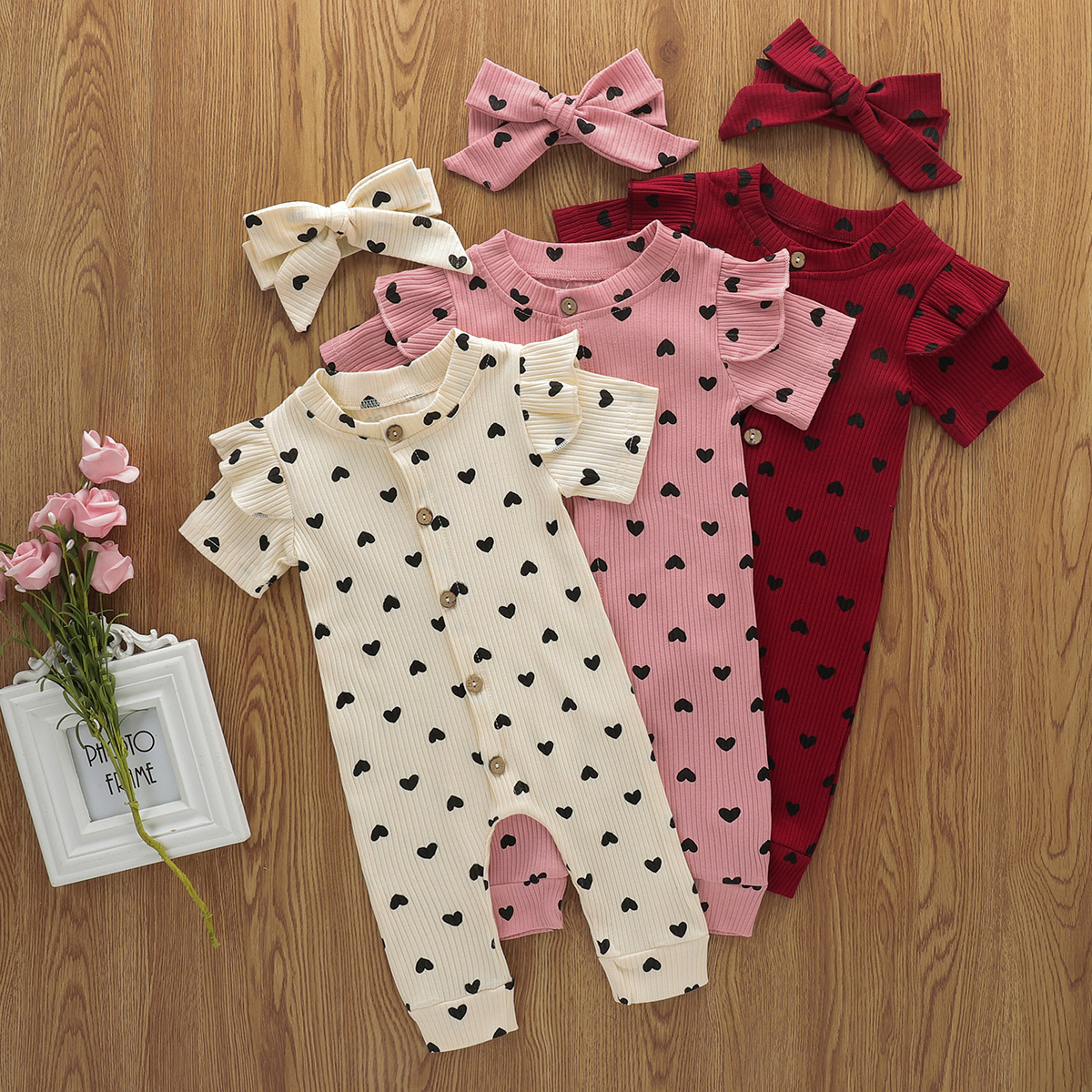 2021 summer new 2-year-old women's baby cotton pit print love Valentine's Day + head knot long climbing jumpsuit