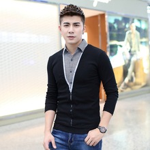 2024新款假两件男式长袖t恤 韩版修身衬衫领纯色男t恤衫一件代发