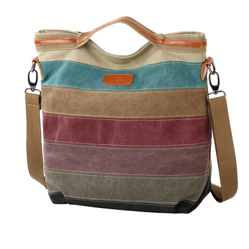 Contrast color women's canvas bag Colorful stitching canvas bag Shoulder handheld crossbody bag