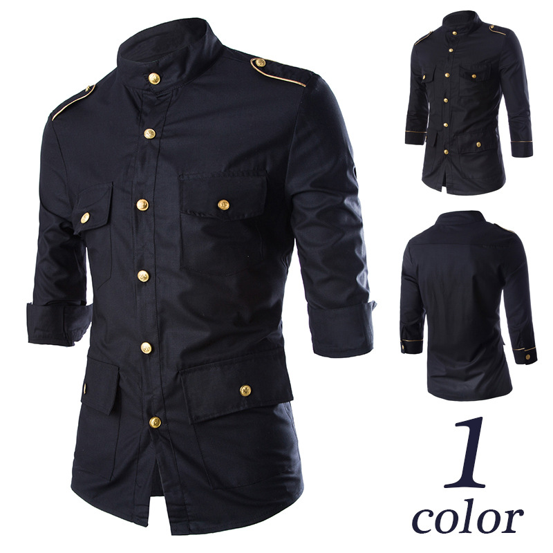 AliExpress New Foreign Trade Men's Golden Eaulets Decorative Seven-Sleeve Shirt Men's Slim-Fit Gold Button Shirt