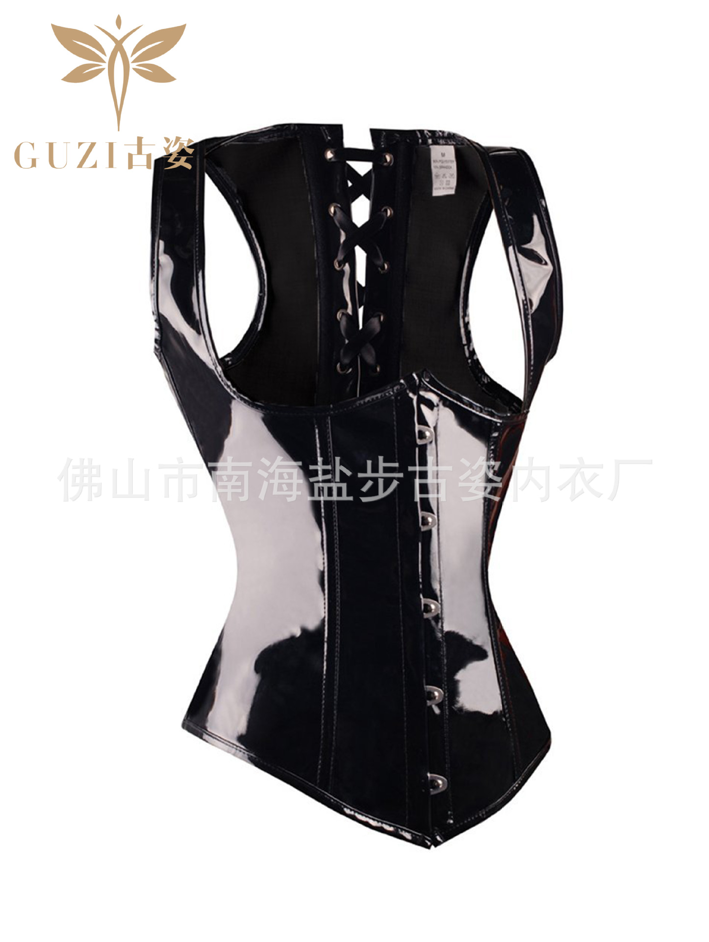 Exquisito negro brillante cuero hebilla de acero corsé corte corsé Amazon suministro al por mayor entrega de una sola pieza