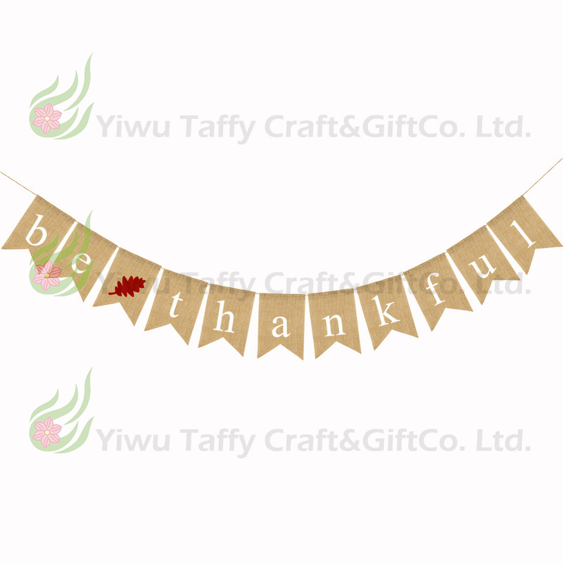 厂家直供 感恩节派对装饰亚麻拉旗 BE THANKFUL麻布燕尾旗