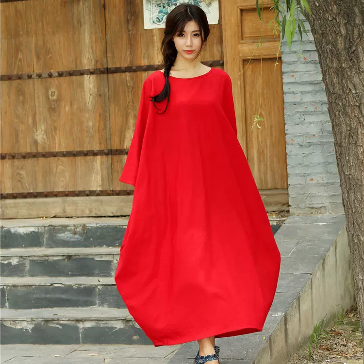 2025新款女装简约亚麻蝴蝶大袍连衣裙 民族风宽松蝙蝠袖中长裙