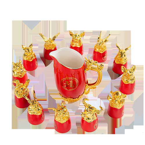 Small-bowl Ceramic Liquor Set with Twelve Zodiac Animal Heads, High-End Gold-plated Gift Wine Glasses and Decanters for Baijiu and Yellow Wine