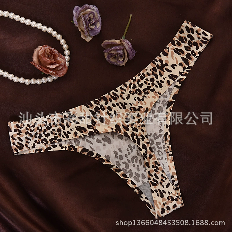 Seamless ice‑silk thong panties, traceless leopard and printed options, sizes M–L