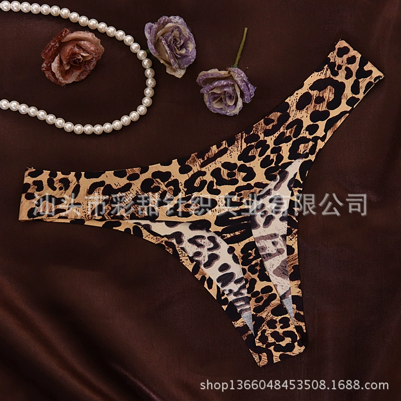 Seamless ice‑silk thong panties, traceless leopard and printed options, sizes M–L