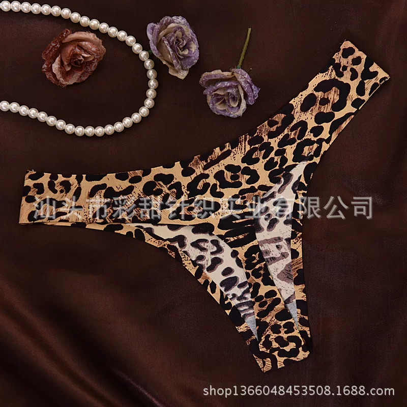 Seamless ice‑silk thong panties, traceless leopard and printed options, sizes M–L