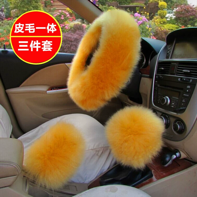 Чехол на руль автомобиля из чистой шерсти, комплект из трех предметов, производитель, чехол на ручку из овчины, зимний длинный и короткий шерстяной кожаный чехол на руль