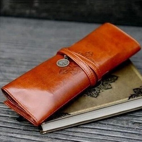 European retro Twilight leather pencil bag large capacity PU leather pencil bag simple literary stationery box pencil bag
