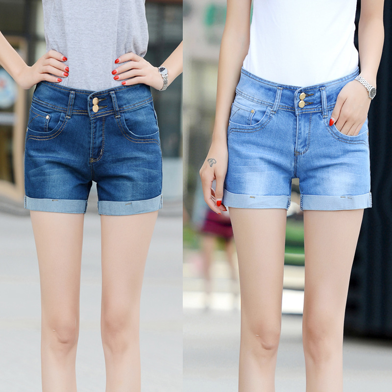 High waist 2 buckle stretch straight pants leg flanging Denim women's shorts double buckle double color wholesale manufacturers supply stable