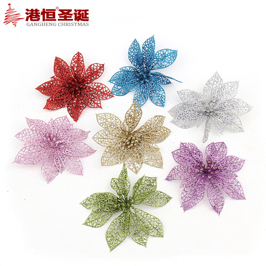 Flores navideñas huecas de polvo dorado, decoración para corona de árbol de Navidad, suministros navideños, adornos colgantes para ambiente navideño, decoraciones de flores artificiales