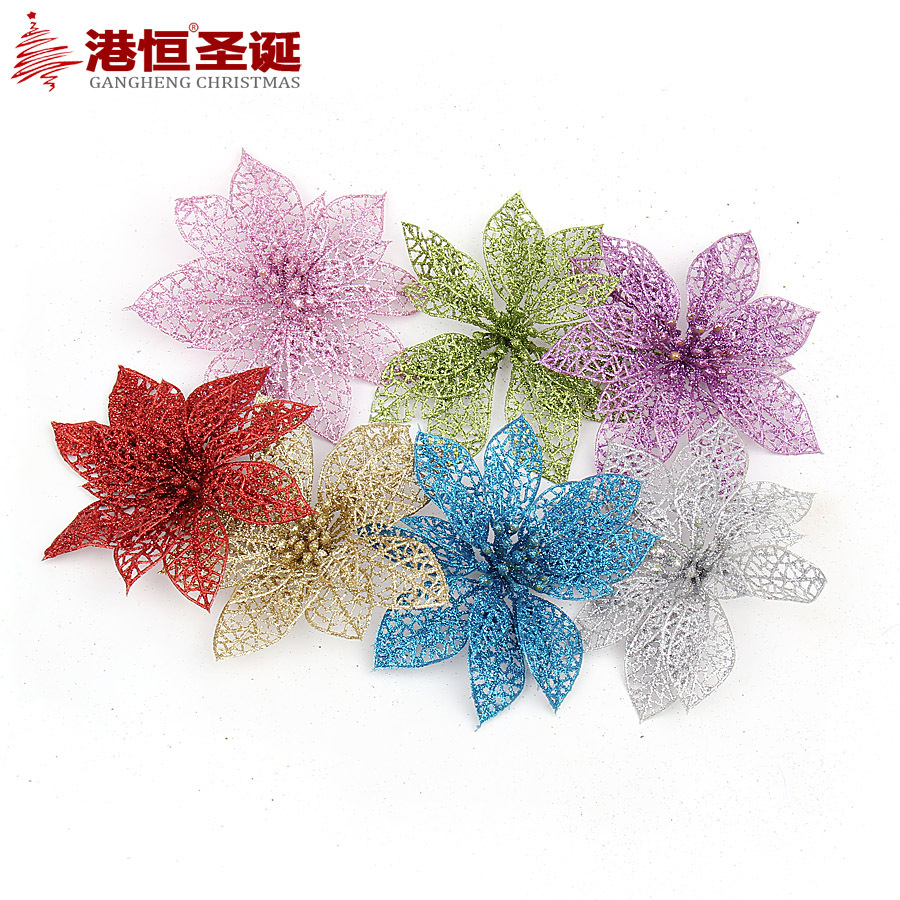 Flores navideñas huecas de polvo dorado, decoración para corona de árbol de Navidad, suministros navideños, adornos colgantes para ambiente navideño, decoraciones de flores artificiales