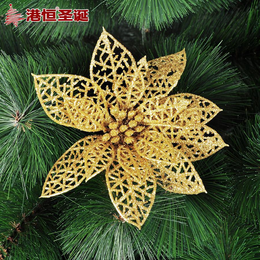 Flores navideñas huecas de polvo dorado, decoración para corona de árbol de Navidad, suministros navideños, adornos colgantes para ambiente navideño, decoraciones de flores artificiales