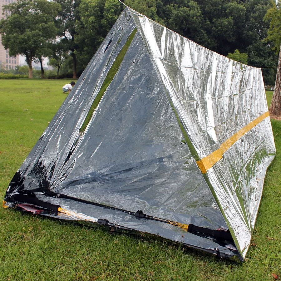 First aid life tent emergency shelter, PET + aluminum reflective, 2.4×1.5×0.9 m, compact pack