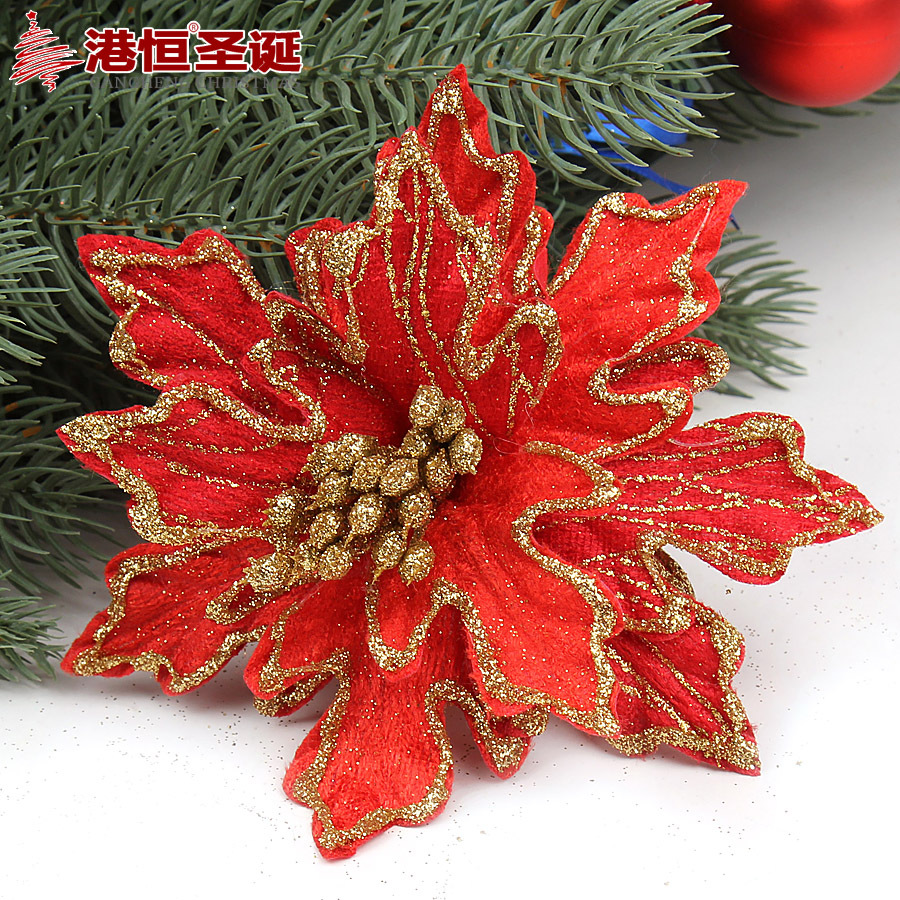 Flor artificial de Navidad 15cm franela bronceado flor decorativa de Navidad árbol de Navidad decorativo flor falsa Flor de tela