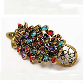 欧美镶钻鸭嘴夹复古孔雀开屏女士发夹马尾夹彩色水晶发饰外贸热卖