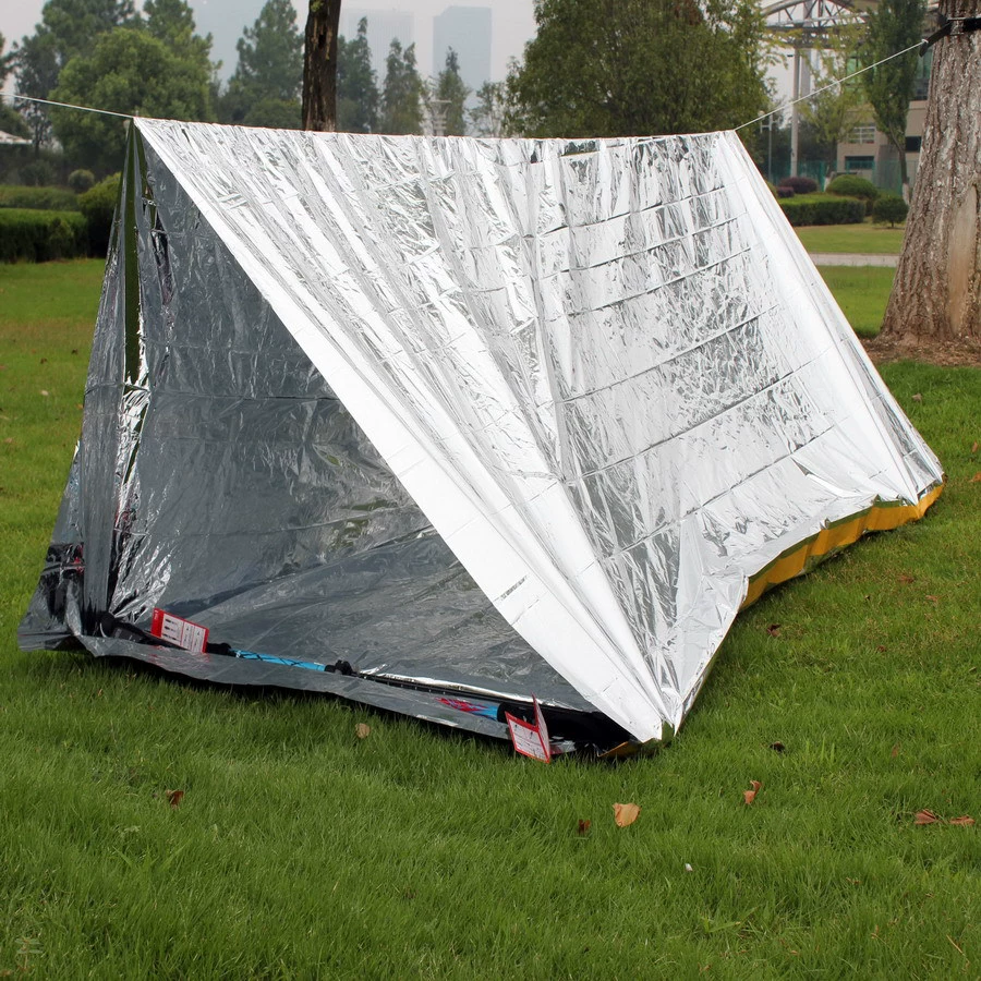 First aid life tent emergency shelter, PET + aluminum reflective, 2.4×1.5×0.9 m, compact pack
