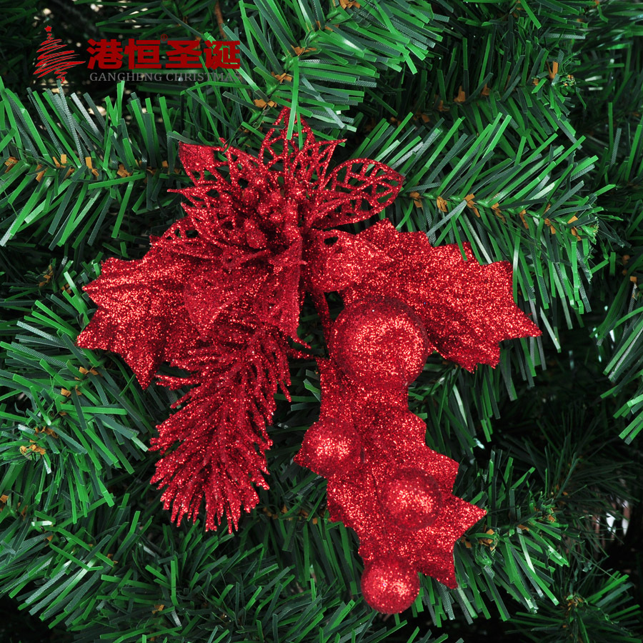 Rama artificial de Navidad con polvo dorado hueco y púas frutales, adornos colgantes para decoración de árboles de Navidad, suministros para decoración de escenas al por mayor