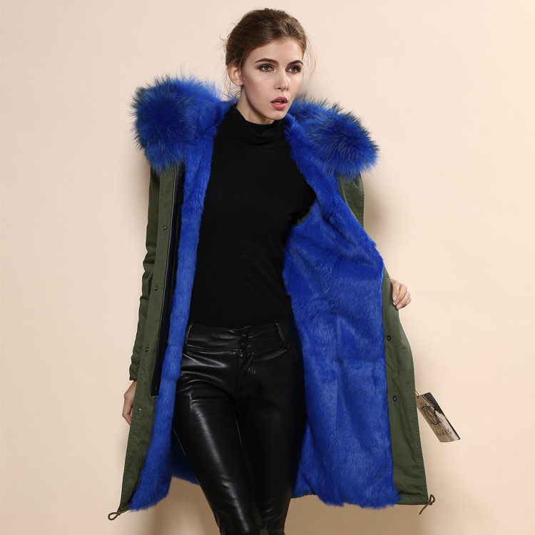 2023韩版冬季女士长款派克服新款真兔毛皮草外套蓝色大毛领可拆卸