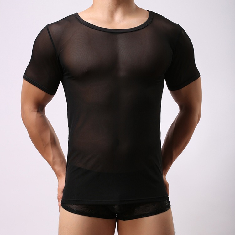 Men's Short Sleeve Youth Mesh Breathable Sexy Short Sleeve Round Neck Loose T-Shirt B101
