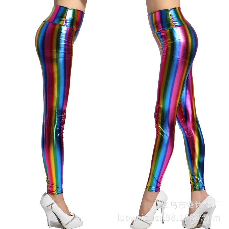 Осенние полиуретановые радужные брюки, облегающие legging, европейский стиль, высокая талия