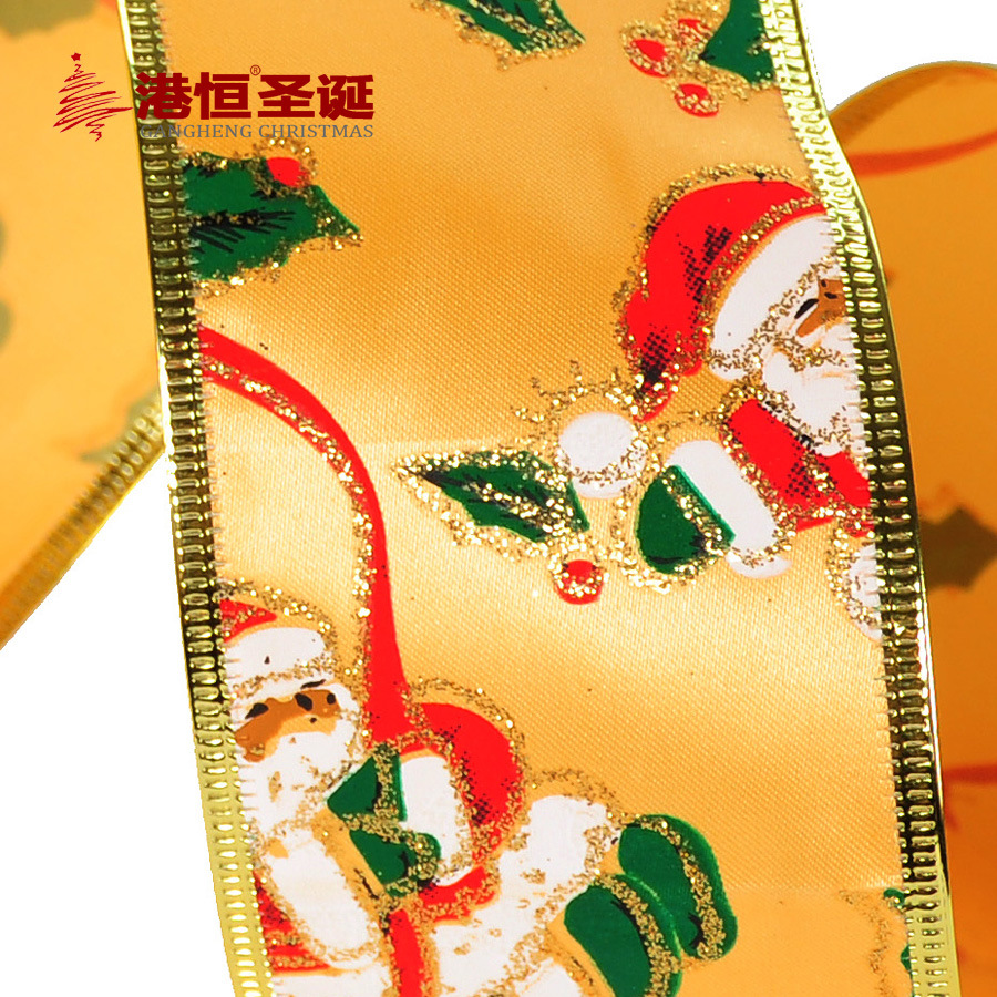 Cinta decorativa navideña con diseño de Papá Noel en dorado, cinta de decoración navideña, cinta jacquard metálica al por mayor