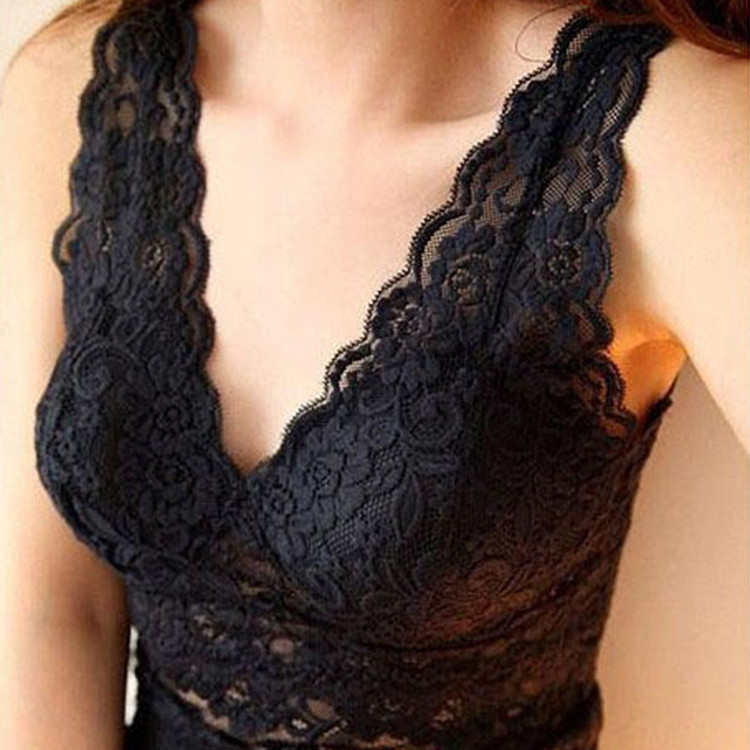in stock wholesale summer deep V strap lace vest women's base sexy hollow slim base vest with chest pad