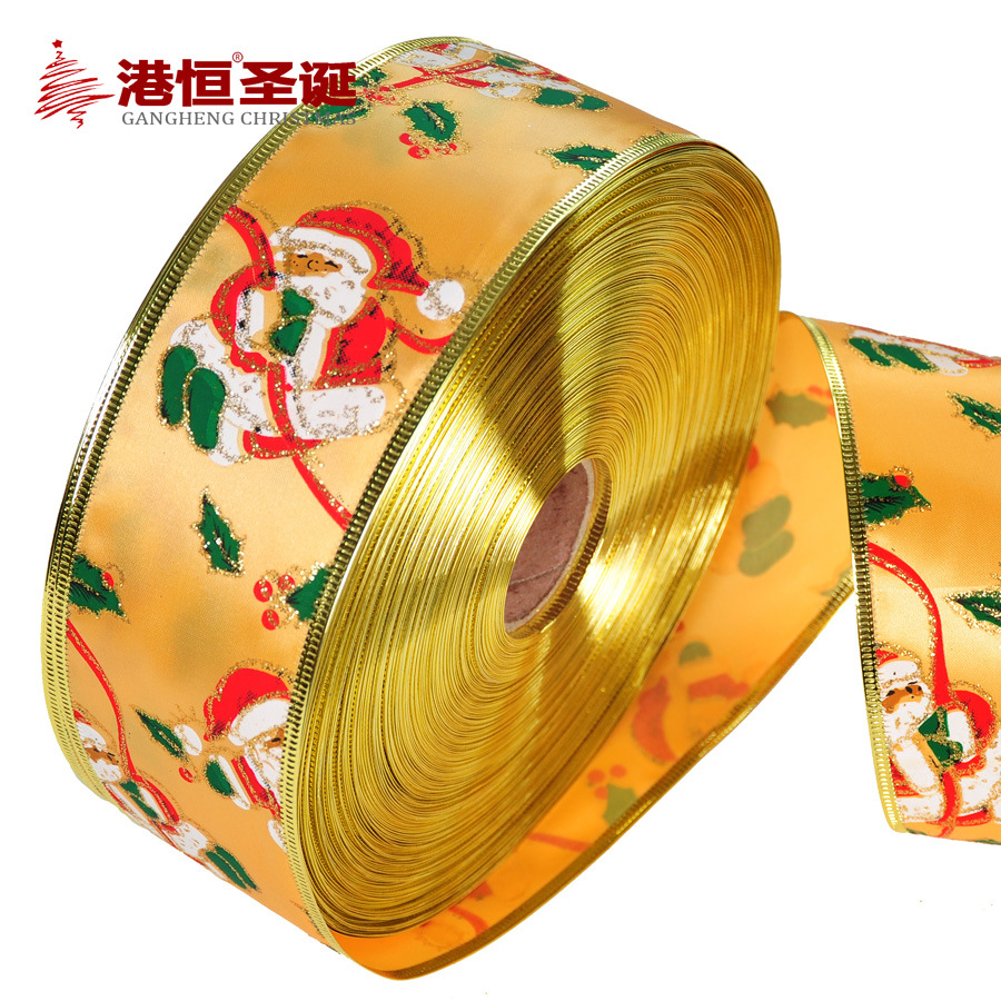 Cinta decorativa navideña con diseño de Papá Noel en dorado, cinta de decoración navideña, cinta jacquard metálica al por mayor