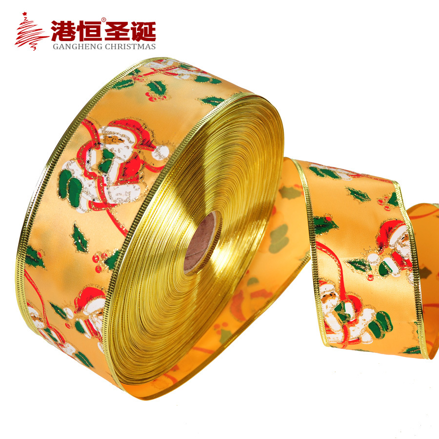 Cinta decorativa navideña con diseño de Papá Noel en dorado, cinta de decoración navideña, cinta jacquard metálica al por mayor