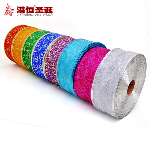 Christmas tree decorative ribbon 200x5cm pearl yarn onion pink circle hot stamping ribbon Christmas gift packaging ribbon