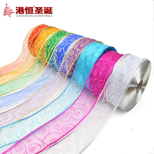 Christmas tree decorative ribbon 200x5cm pearl yarn onion pink circle hot stamping ribbon Christmas gift packaging ribbon