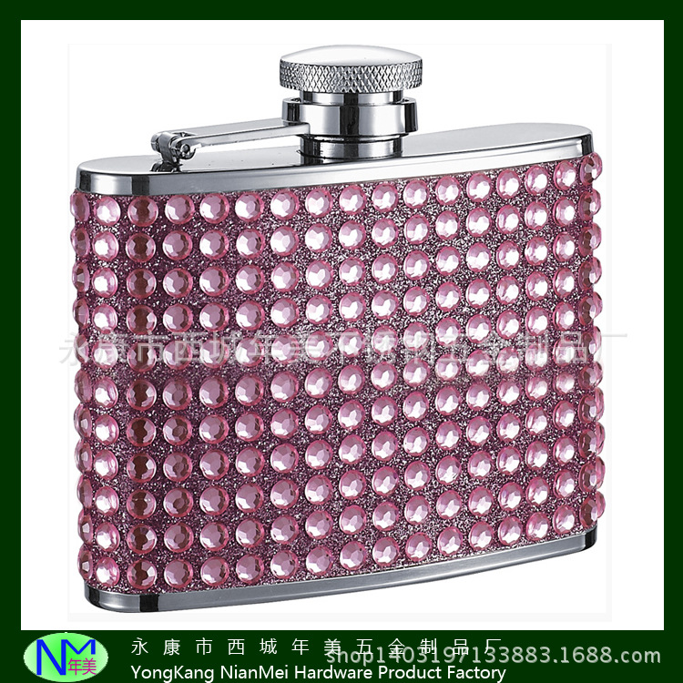 粉色爆款女式贴钻不锈钢酒壶，可出厂价批发
