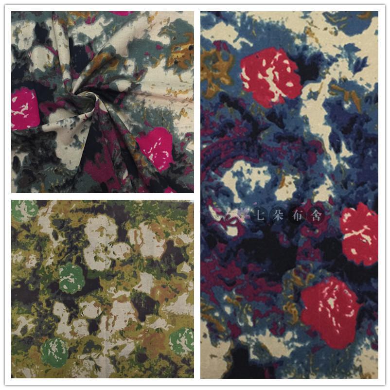 新款批发服装面料棉麻布料/中国风油画亚麻印花背景装饰布仿蜡染