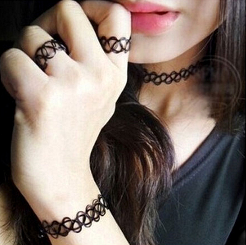 Cross-border New European and American Women's Hollow Tattoo Woven Fishline Elastic Necklace Girls' Bracelet Ring Jewelry Accessories