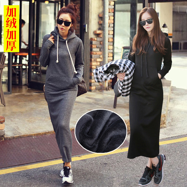 2026 Fleece-Lined Thick Long Slim-Fit Hooded Long-Sleeve Knit Dress Autumn and Winter Korean Style Long Dress