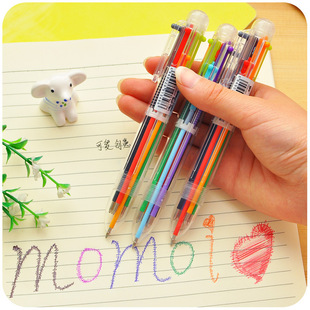Korean creative stationery cute multi-color ballpoint pen transparent rod multi-function push color oil pen 6 refills