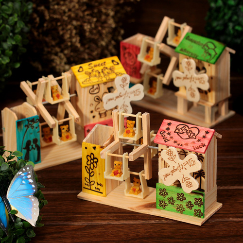 Colorful windmill music box pen holder pastoral scenery rotating windmill gift travel wooden ornaments student pen holder