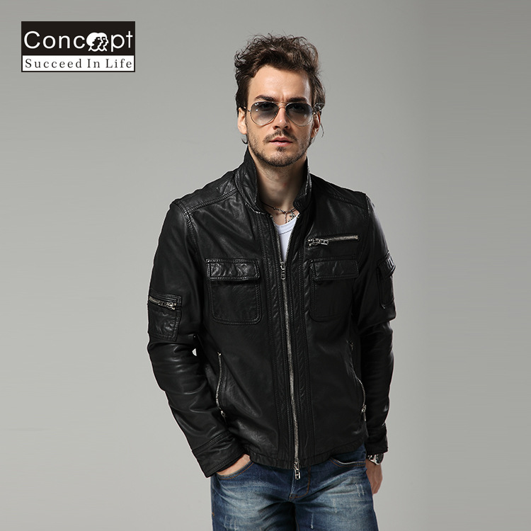 厂家直销男士夹克皮衣 欧美机车男式羊皮皮衣外套时尚真皮皮衣|ms