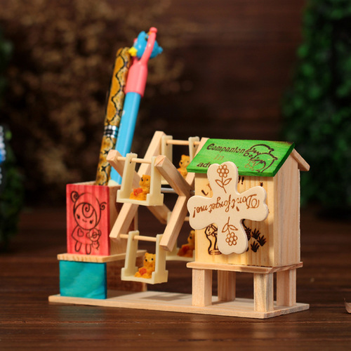 Colorful windmill music box pen holder pastoral scenery rotating windmill gift travel wooden ornaments student pen holder