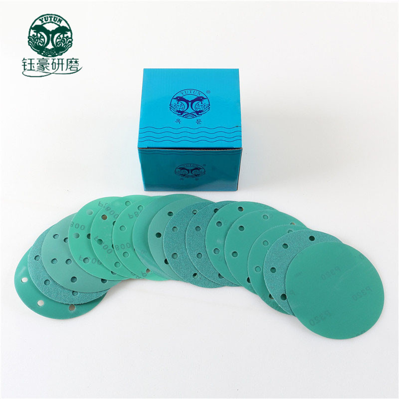 大量现货绿砂正宗韩国聚酯薄膜6寸带孔进口植绒砂纸片 汽车油漆高