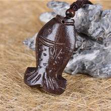 沙尘木手把件雕刻项链女黑檀木毛衣链皮黑长鱼挂件坠棉麻服饰项链