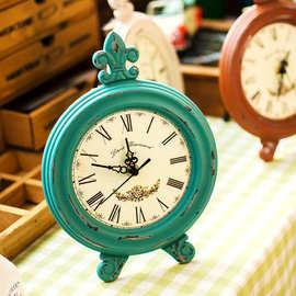 欧式复古怀旧木制座钟摆件 木质工艺品家居装饰桌面小圆钟摆饰