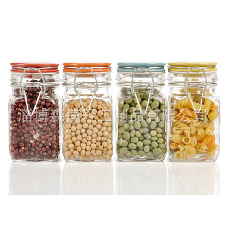 卡扣方形瓷盖玻璃瓶 320ML铁卡密封瓶 调味调料展示瓶饮料