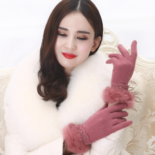 韩国版秋冬季羊毛手套兔毛口蕾丝花边双层加绒全指触屏新