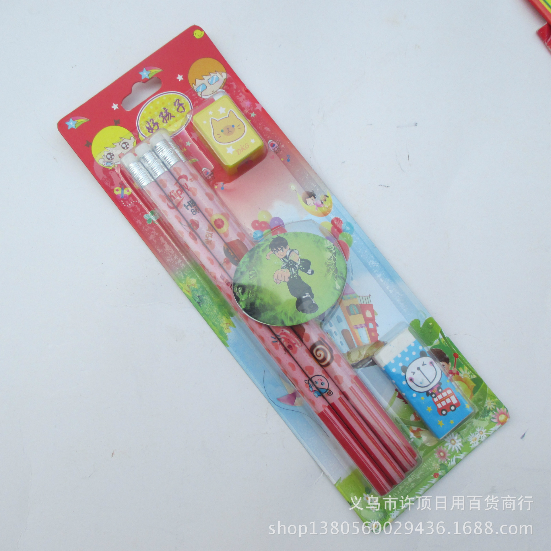 Venta al por mayor binario 4 lápices + borrador sacapuntas combinación traje suministros de juguete para niños