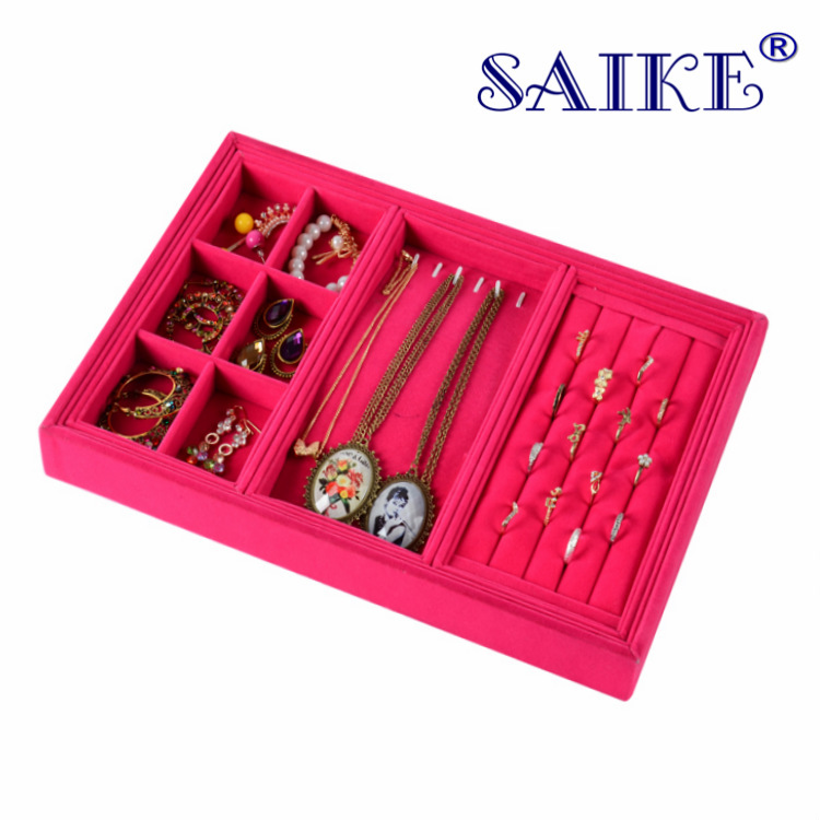 现货批发玫红绒四合一多功能珠宝首饰展示盘盘看货盘耳环盘